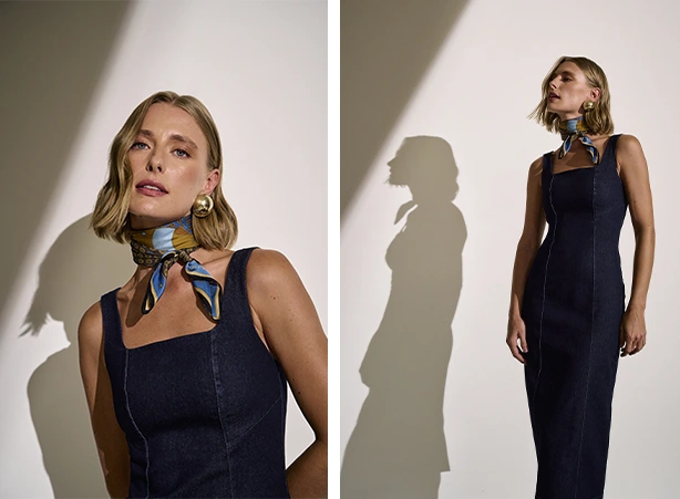 Look de outono com vestido jeans escuro