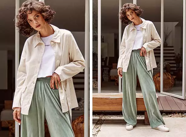 Look de outono com casaco e calça soltinha no estilo esportivo