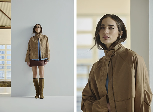Look com camisa e jaqueta como sobreposição e saia com bota cano alto