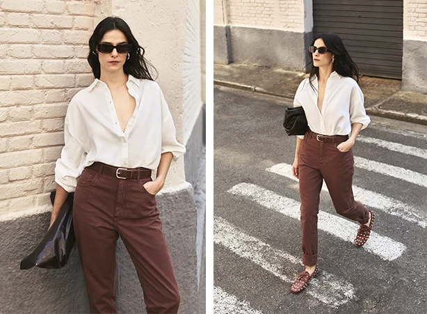 Look social de camisa branca com calça marrom