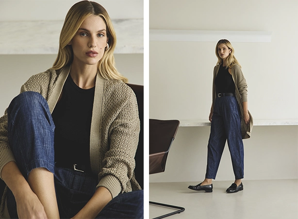 Look de outono com cardigan e calça jeans