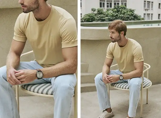 Look masculino com calça jeans clara e camiseta