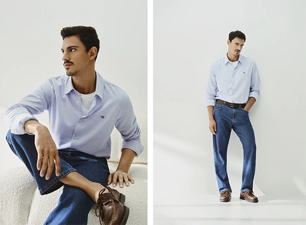 Calça jeans masculina reta com camisa social
