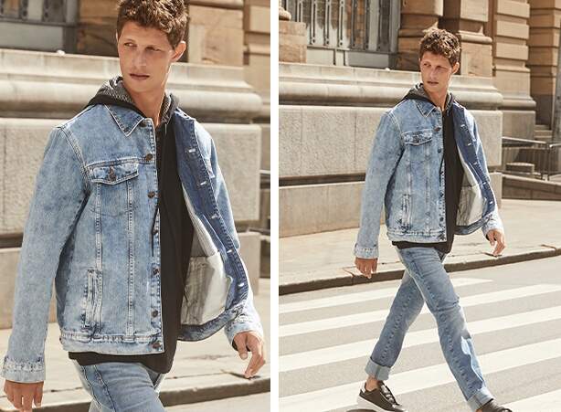 Calça slim jeans em lavagem clara com jaqueta jeans no mesmo tom