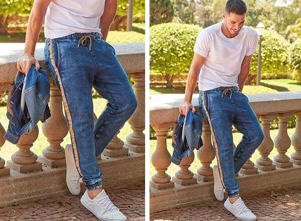 Calça jeans jogger masculina com camiseta branca