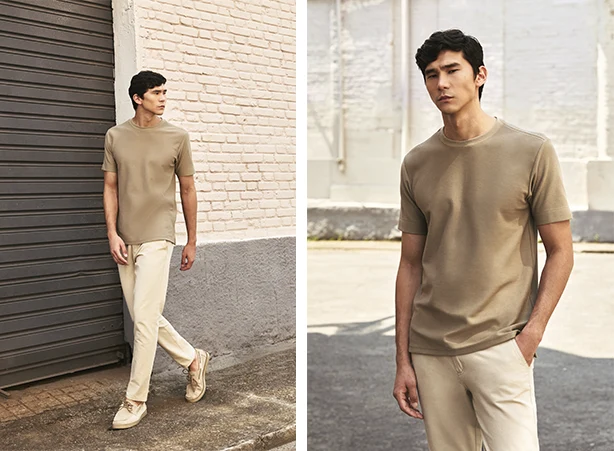 Calça chino masculina bege com camiseta