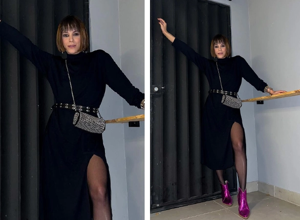 Composição all black de vestido com meia-calça Composição all black de vestido com meia-calça