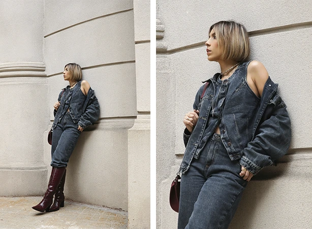 Outfit com calça e colete em dirty denim Outfit com calça e colete em dirty denim