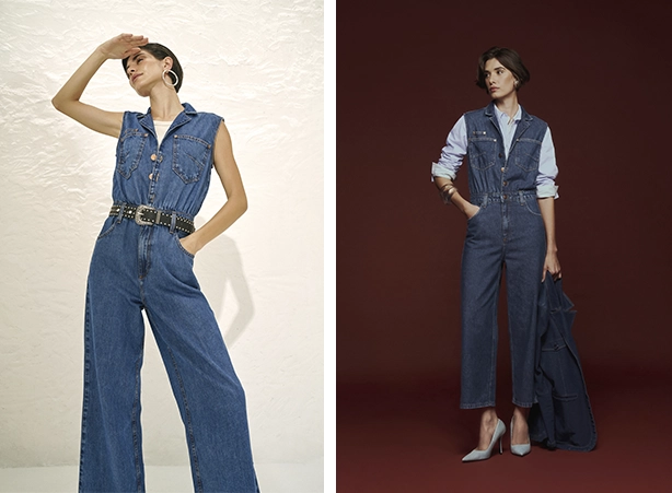 Look all jeans com macacão sem mangas em shape cropped Look all jeans com macacão sem mangas em shape cropped