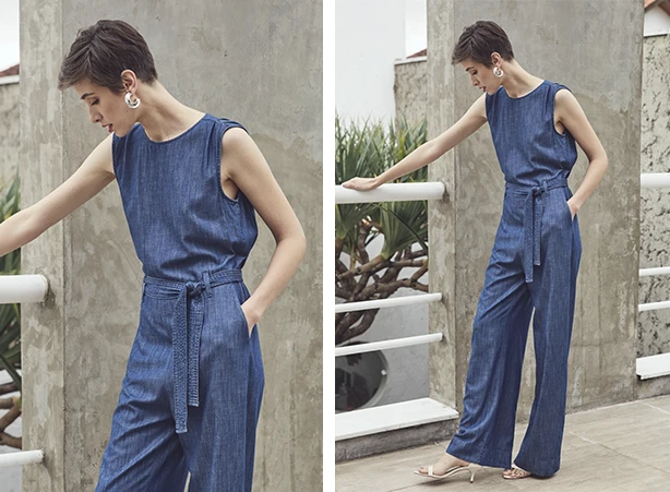 Look esporte fino feminino com macacão em denim