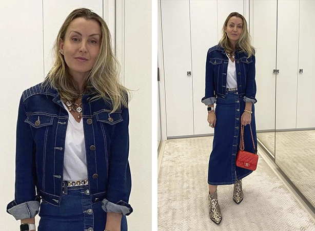 Looks all jeans com jaqueta trucker e saia midi Looks all jeans com jaqueta trucker e saia midi