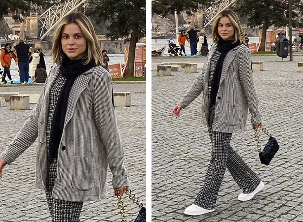 Conjunto feminino em xadrez jacquard preto e branco
