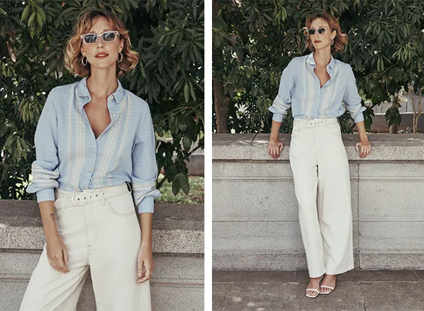 Look feminino com camisa em azul claro com detalhes vazados Look feminino com camisa em azul claro com detalhes vazados