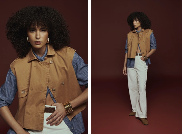 Sobreposição de camisa em denim leve e colete marrom Sobreposição de camisa em denim leve e colete marrom