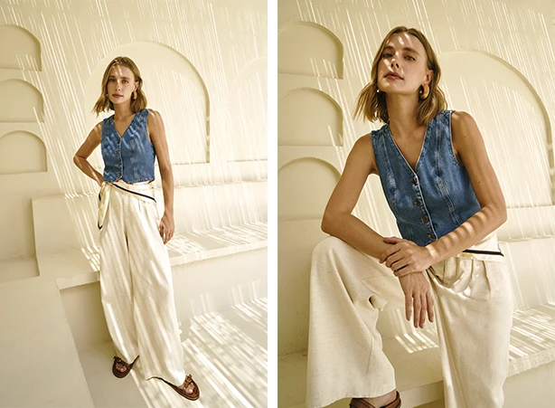Composição com colete jeans e calça pantalona off white Composição com colete jeans e calça pantalona off white