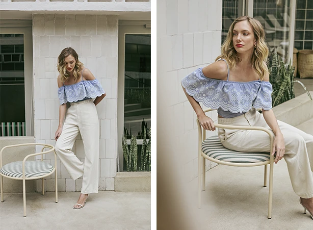 Look feminino com calça reta em linho off white Look feminino com calça reta em linho off white