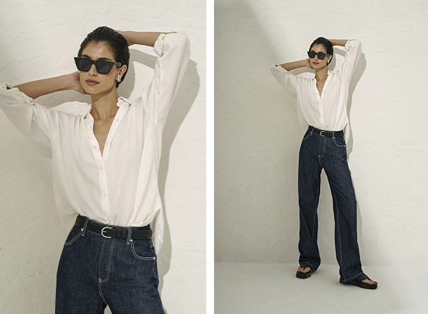 Looks com camisa branca e calça jeans wide leg Looks com camisa branca e calça jeans wide leg