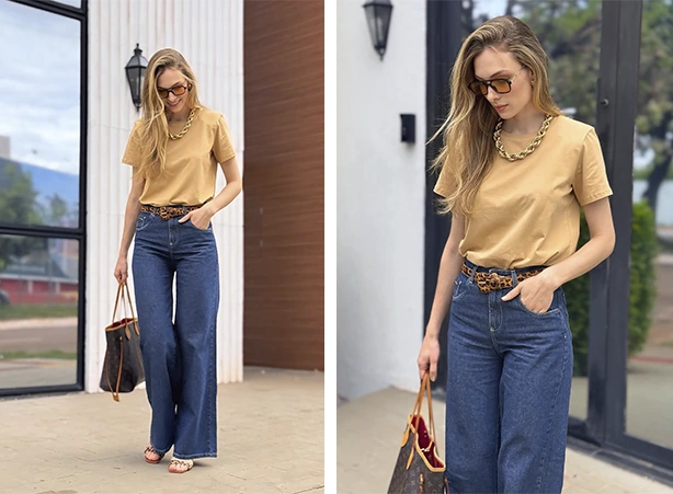 Looks básicos com calça jeans e camiseta bege Looks básicos com calça jeans e camiseta bege