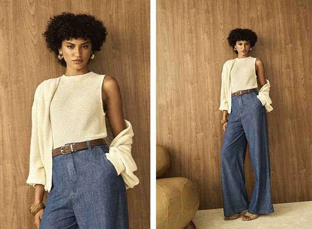 Looks básicos com calça pantalona em denim leve Looks básicos com calça pantalona em denim leve