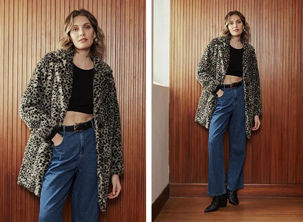 Look de frio com casacos peluciados de estampa animal print Look de frio com casacos peluciados de estampa animal print