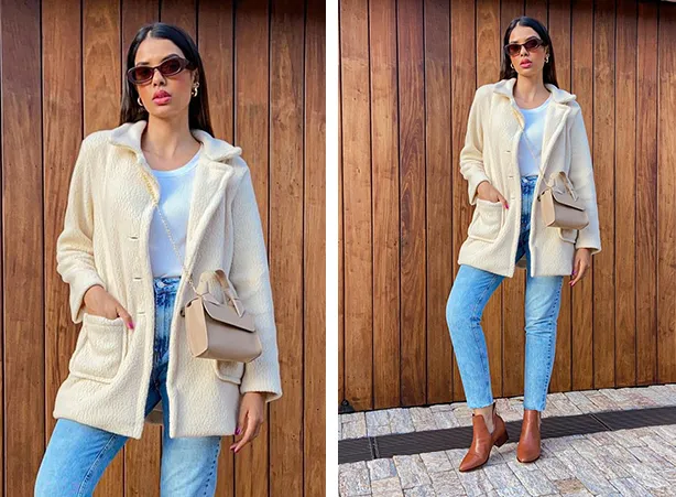 Look de frio com casaco Teddy e calça jeans Look de frio com casaco Teddy e calça jeans