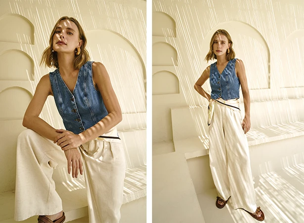 Inspiração de looks com colete jeans e calça pantalona off white Inspiração de looks com colete jeans e calça pantalona off white