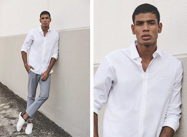 Look com camisa de algodão peruano branca e calça chino