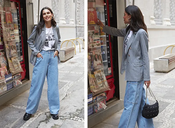 Looks de outono com blazer e calça jeans em lavagem média Looks de outono com blazer e calça jeans em lavagem média