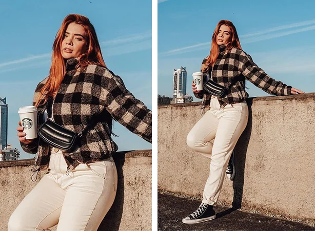 Look de frio feminino com casaco peluciado em padronagem xadrez Look de frio feminino com casaco peluciado em padronagem xadrez