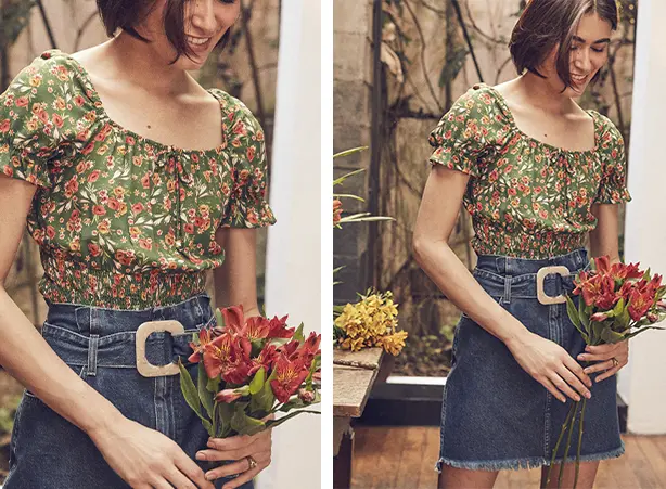 Look feminino com blusa boho chic e saia curta Look feminino com blusa boho chic e saia curta