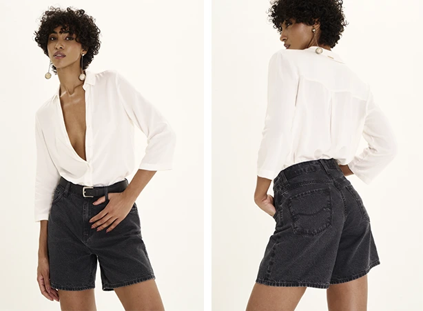 Inspirações de looks com bermuda em lavagem black e camisa branca Inspirações de looks com bermuda em lavagem black e camisa branca
