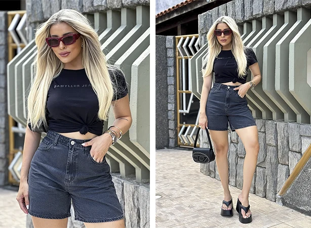 Look feminino de t-shirt preta com short jeans Look feminino de t-shirt preta com short jeans
