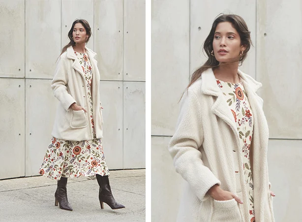 Composição de vestido com bota e casaco Teddy alongado Composição de vestido com bota e casaco Teddy alongado