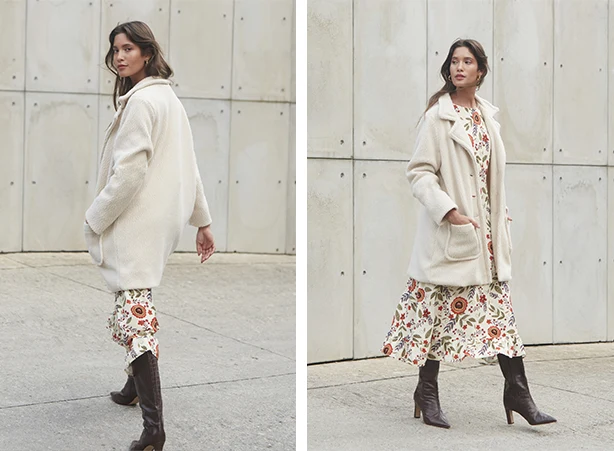 Composição de vestido com bota e casaco peluciado Composição de vestido com bota e casaco peluciado