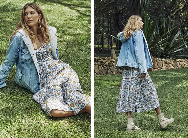 Combinação de vestido com jaqueta jeans Combinação de vestido com jaqueta jeans