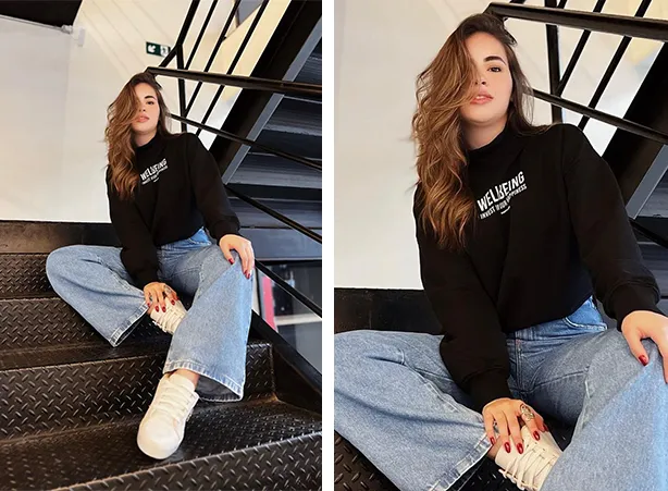 Look de moletom preto com calça jeans wide leg e tênis Look de moletom preto com calça jeans wide leg e tênis