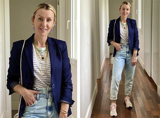 Look com camiseta listrada e blazer azul marinho Look com camiseta listrada e blazer azul marinho