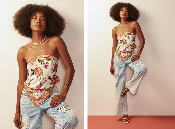 Look com lenço florido usado como blusa Look com lenço florido usado como blusa