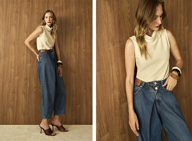 Inspiração de looks com blusa sem manga de gola alta e calça jeans Inspiração de looks com blusa sem manga de gola alta e calça jeans
