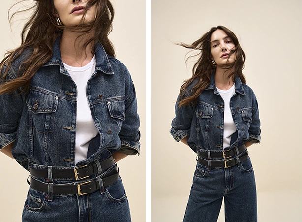 Look feminino em lavagem dirty com jaqueta e calça Look feminino em lavagem dirty com jaqueta e calça