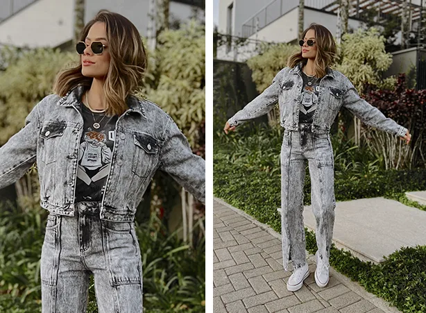 Look rock feminino em denim black delavé Look rock feminino em denim black delavé