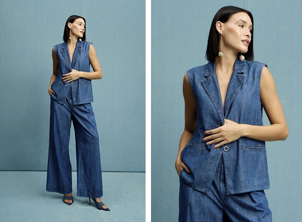 Produção all jeans com calça pantalona e colete alongado