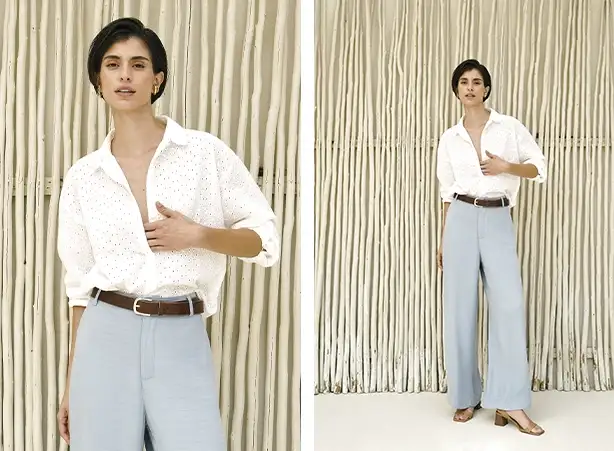 Look com camisa branca clássica e pantalona azul clara