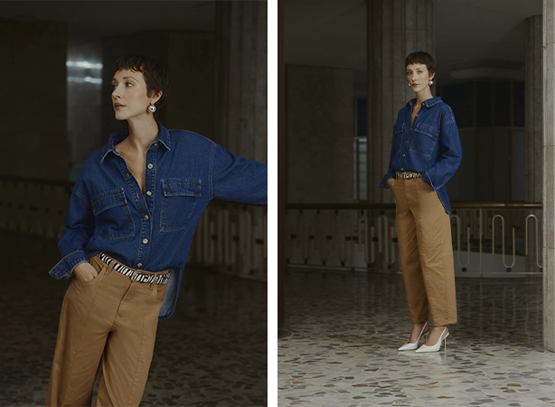 Looks com calça marrom e camisa oversized em denim azul médio Looks com calça marrom e camisa oversized em denim azul médio