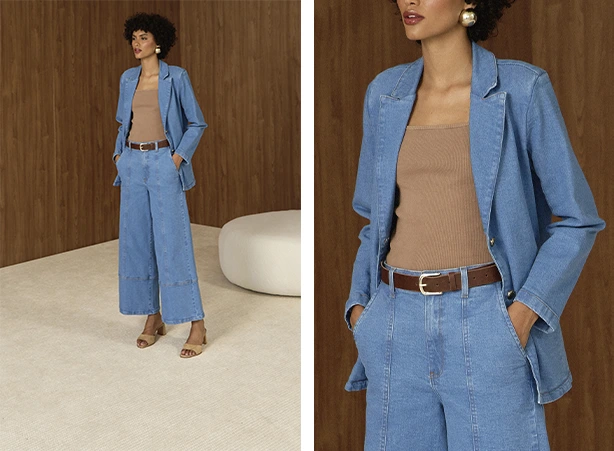 Conjunto feminino de blazer com calça jeans Conjunto feminino de blazer com calça jeans