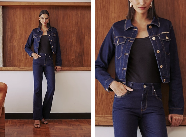 Conjunto de calça em modelagem boot cut e jaqueta Conjunto de calça em modelagem boot cut e jaqueta