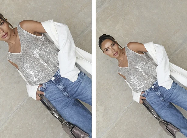 Look para aniversário com blusa de paetê e blazer
