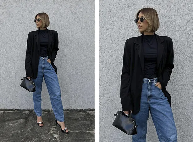 Look com blazer preto e calça jeans