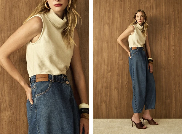 Calça barrel jeans e blusa sem manga de gola alta Calça barrel jeans e blusa sem manga de gola alta