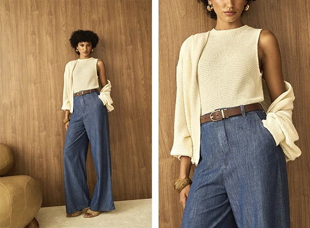 Looks de calça pantalona jeans com blusa e cardigã em tricô Looks de calça pantalona jeans com blusa e cardigã em tricô